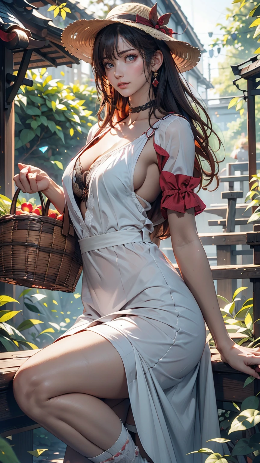 ((最high quality, 8K, masterpiece: 1.3, Ultra HD, high quality, 最high quality, High resolution, realism)) 、 24-year-old woman、Sexy proportions、Sexy、Narrow waist、mature female body、Summer dress with lace embellishment、Wear a lace cardigan、Heel、Holding a rattan basket、picnic、Ribbon-decorated choker、Wide-brimmed hat decorated with ribbon、A stroll along a beautiful forest path bathed in sunlight