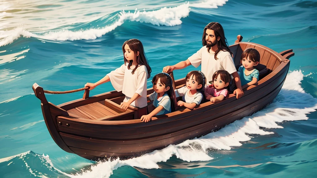 illustration of Jesus in wooden boat with four children, in the water.
