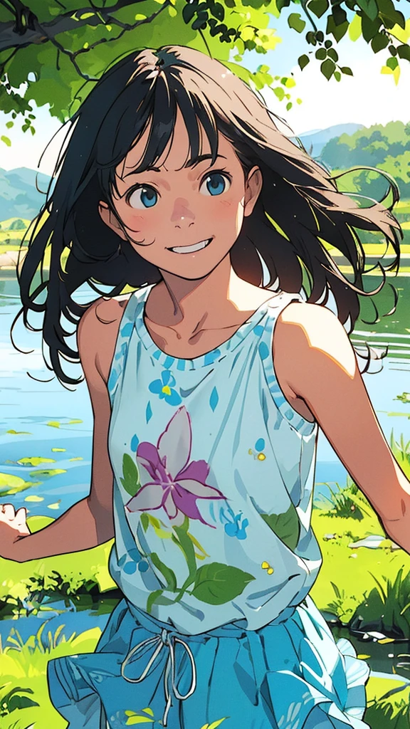 reasonable design, Clear lines, High Sharpness, (highest quality,8K,Perfect sharpness,Ultra fine,High resolution,masterpiece:1.2), Perfect Anatomy:1.5, Official Art, Illustrations that tell a story, (Whitish background:0. 9)、Body Positivity、More Mr.Physical expression、(Random and mischievous poses)、Perfect beauty、Perfect beautiful face、Strong winds、A rich expression、Dynamic composition、smile、Golden ratio composition、colorful、(Mr.Different angles and perspectives)、anime art、mini skirt、(Overcoming stereotypes)、 Glowing Skin、(Natural beauty)、smile、bangs、Straight Hair、(Soft and flowing hair)、(Rural Scenery)、(Nostalgic atmosphere)、Insert up to the thighs、(Playful and carefree)、(More Mr.Ethnic characters)、(innocent attitude)、(Sunny atmosphere)、Skirt flipped up、(Bright colors)、Belly button exposed、Beautiful Eyes、A skirt fluttering in the wind、Put it in to your feet、Some composition patterns、Tank top、sensuous、Geometric pattern、ングル、