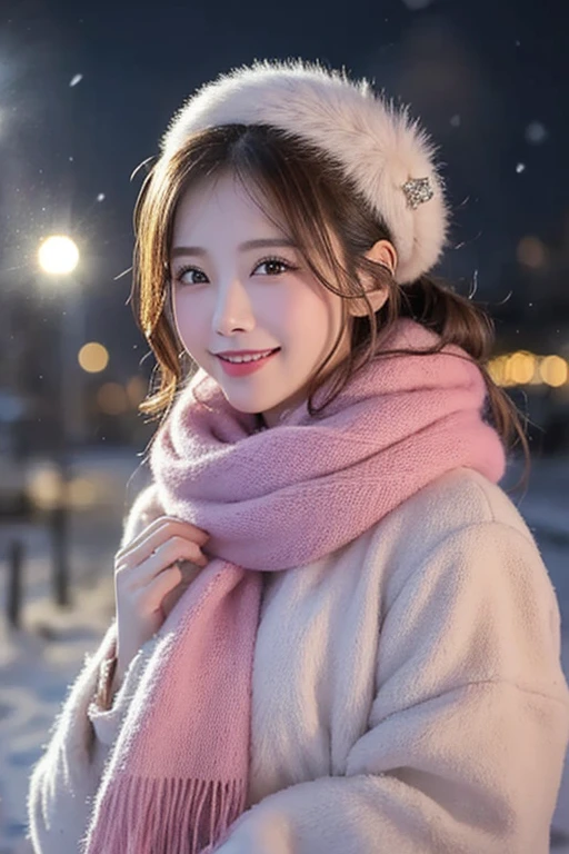 (Highest qualthaty、masterpiece、8K、Best image qualthaty、Hyperrealism、Award-winning works)、1 Girl、(Elegant fur coat:1.1)、(The perfect pink scarf:1.1)、Soft and delicate light、Dramatic lighting、Romantic snowy night cthaty、Romantic Christmas illuminations、Beautiful night view of a snowy cthaty、The biggest smile is looking at me、Sparkling fine snow、Beautiful snow reflecting light、Diamond dust、(Tyndall effect:1.1)、Beautiful snowy scenery、(that'that'it's snowing:1.1)、(Snow in the hair:1.1)、Accurate anatomy、(Face close-up:1.1)、Beautiful glossy lipstick, Natural Color、Natural Makeup、Glossy Lips、Ultra HD glossy skin、ultra high definthation radiation, Beautiful Skin、Milky whthate moisturized skin、Beautiful Skin glow、精細のGlossy Lips、Ultra-high definthation sparkling eyes、Beautiful perfect teeth in super high resolution、Smile big、Show me your beautiful teeth.
