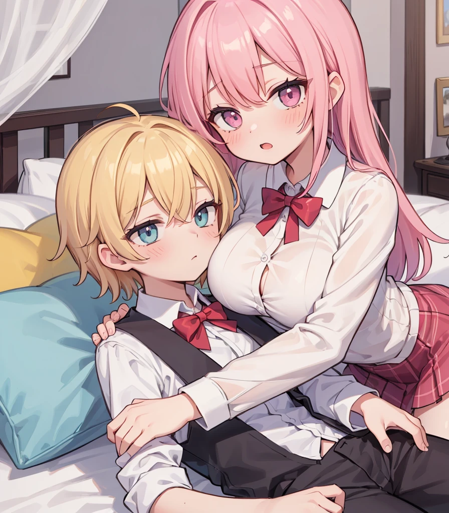 masterpiece, Highest quality, so beautiful, absurdists,High resolution,One girl, One boy,Cuddling in bed, like,sexly,Look at each one, blush,Age difference,bow tie,blondes,chest,Long Hair,Pink Hair,Tucked in shirt,short hair,skirt,Tent shirt,Slut,Big breasted sister and brother,Siblings, trousers,Pushing her big tits against her brother,(My brother's erect penis),((((姉のvery huge breasts,Sister crushes her big tits in her brother's face)))),(((((Very huge breasts))))),(((((penis,NSFW,Soft Very HUGE breasts))))),((Bursting Breasts,Huge breasts hiding her brother's face)),((((((((Huge Breasts, Large Breasts, Very Large Breasts, Very Large Breasts, Very Large Breasts, Very Large Breasts, Very Large Breasts, Very Large Breasts, Very Large Breasts, Very Large Breasts, Very Large Breasts, Very Large Breasts, Burying Face in Breasts)))))))),Two people gazing at each other,puffy breasts,((Face crushed by tits, huge breasts on brother's body, mouth covered by tits, breasts covering face)),((huge breasts)),soft massive breasts