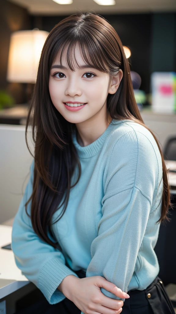 (8K, RAW Photos, Highest quality, masterpiece:1.3), (Realistic, photo-Realistic:1.4), (Highly detailed 8K wallpaper), Sharp focus, Written boundary depth,
Japanese Idols,very cute,(Baby Face),sweater, Look at us and laugh, Upper Body, Highly detailed face and eyes,((Shiny skin:1.2)), Cinema Lighting, Soft Light, Blur the background, Bokeh,(office, Modern, stylish, Glass Wall, Open space:1.2)