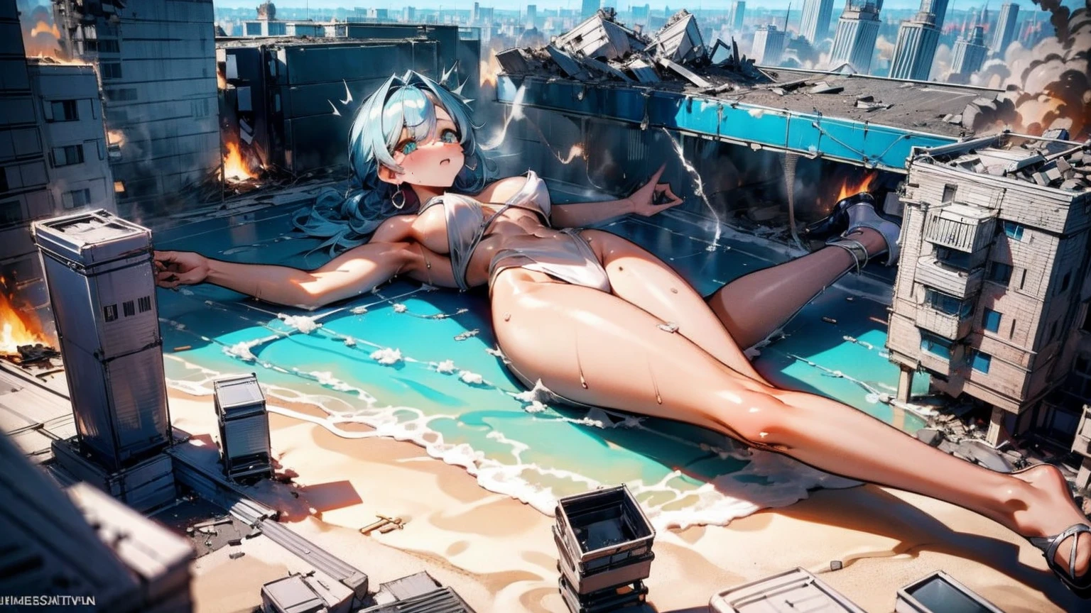Giantess with firm , long sexy legs, yellow hair and in a bikini is lying on the ground, while the city at her feet burns in flames for the destruction she has caused, while the tiny people climb on her body to try to defeat her uselessly. Giantess, goddess, macrophilia, curvaceous body, hentai, fetish, sexy legs, bikini, high heels, high quality