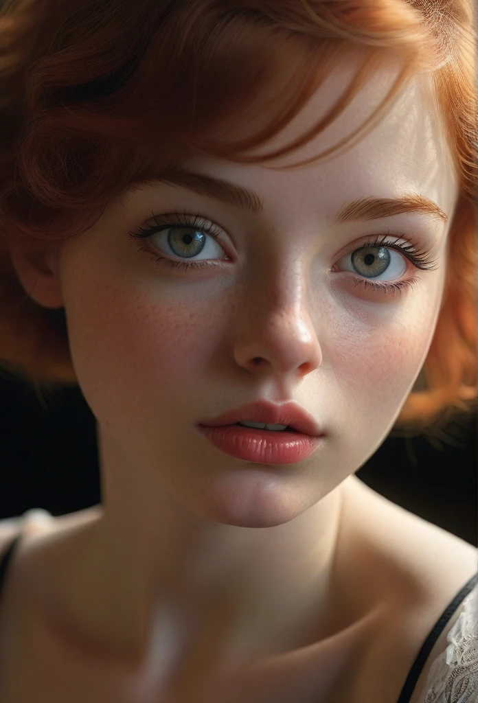 1girl, detailed beautiful eyes, beautiful detailed lips, extremely detailed eyes and face, longeyelashes, detailed delicate body, detailed hands, realistic, photorealistic, best quality, Rembrandt lighting, dramatic, masterpiece, European appearance, cute oval face, short red hair, huge breasts, posing, retro style, highquality photo art, David Dubnitsky, pale skin, pores, moles, tight Tshirt, short shorts, naked pussy, 8K, UHD, DSLR captured, soft lighting, film grains