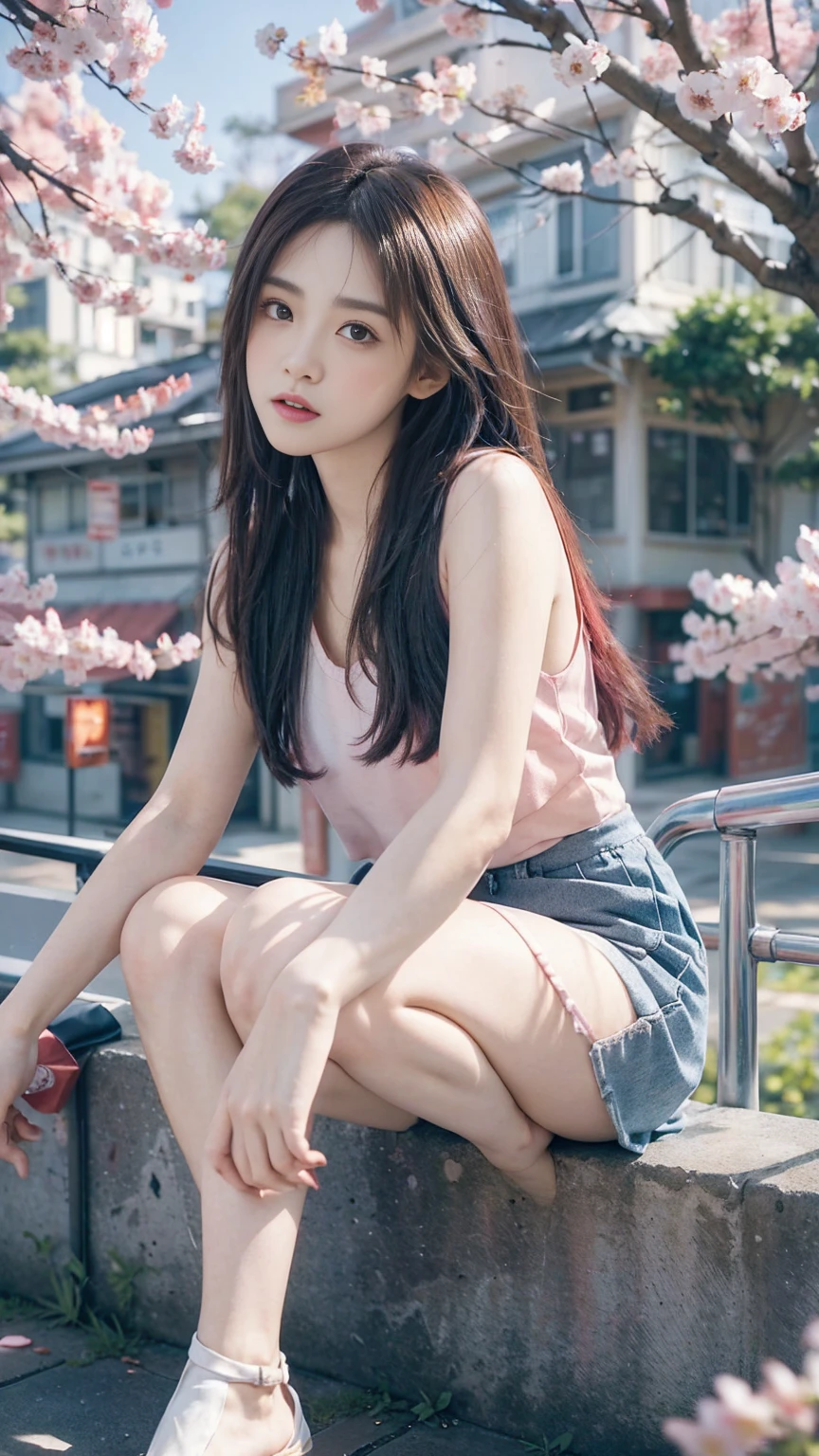 vibrant with colors、8k，((tmasterpiece)))、(((quality)))、((ultra - detailed))、(Surreal)、(Very detailed CG illustration）、offcial art、CD cover、It will be、midsummer、The glorious 1980s、1 Sister，Slender thighs，Cool beauty、Look at the audience，pretty eyes、Superskirt、Squat and sit，perfect angle、Perfectcomposition、(twilight，stairways，Sakura tree，​​Yunxia，Corner store)，