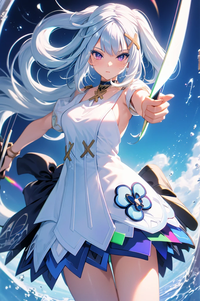 (masterpiece, best quality, chromatic aberration), colorful, 1girl, white hair, purple eyes, bow and arrow, wielding bow, archery, blue flames, glow, glowing weapon, light particles,