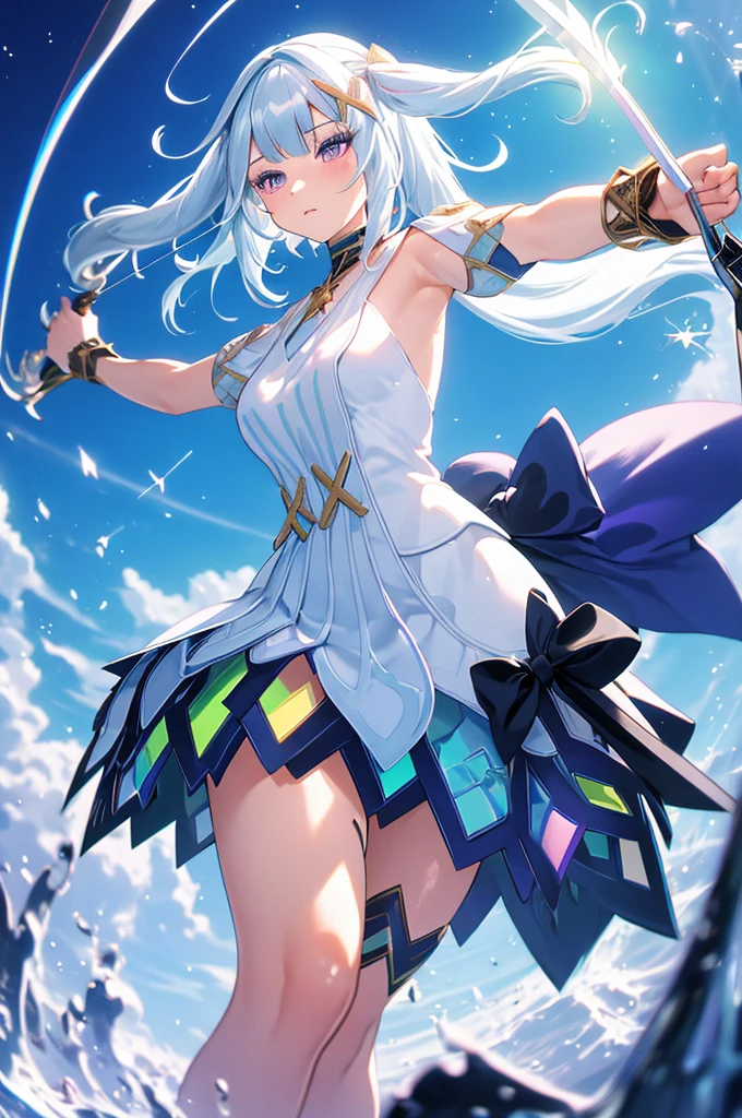(masterpiece, best quality, chromatic aberration), colorful, 1girl, white hair, purple eyes, bow and arrow, wielding bow, archery, blue flames, glow, glowing weapon, light particles,