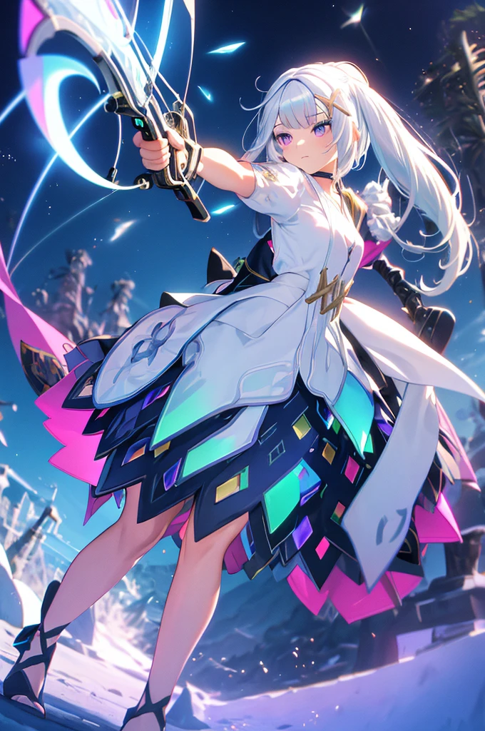 (masterpiece, best quality, chromatic aberration), colorful, 1girl, white hair, purple eyes, bow and arrow, wielding bow, archery, blue flames, glow, glowing weapon, light particles,