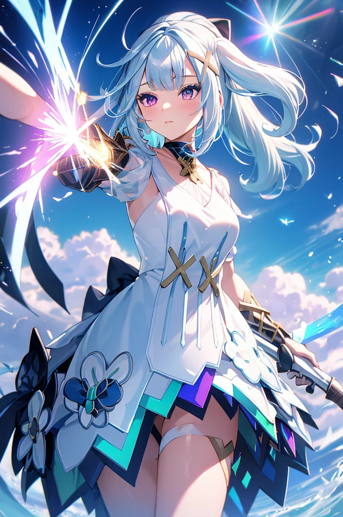 (masterpiece, best quality, chromatic aberration), colorful, 1girl, white hair, purple eyes, bow and arrow, wielding bow, archery, blue flames, glow, glowing weapon, light particles,