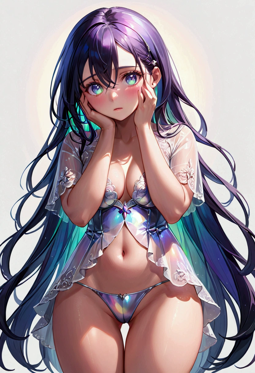 (masterpiece), best quality, expressive eyes, perfect face, Adult Female,long dark iridescent hair, iridescent eyes, small waist, , large thighs,covering herself, embarrassed