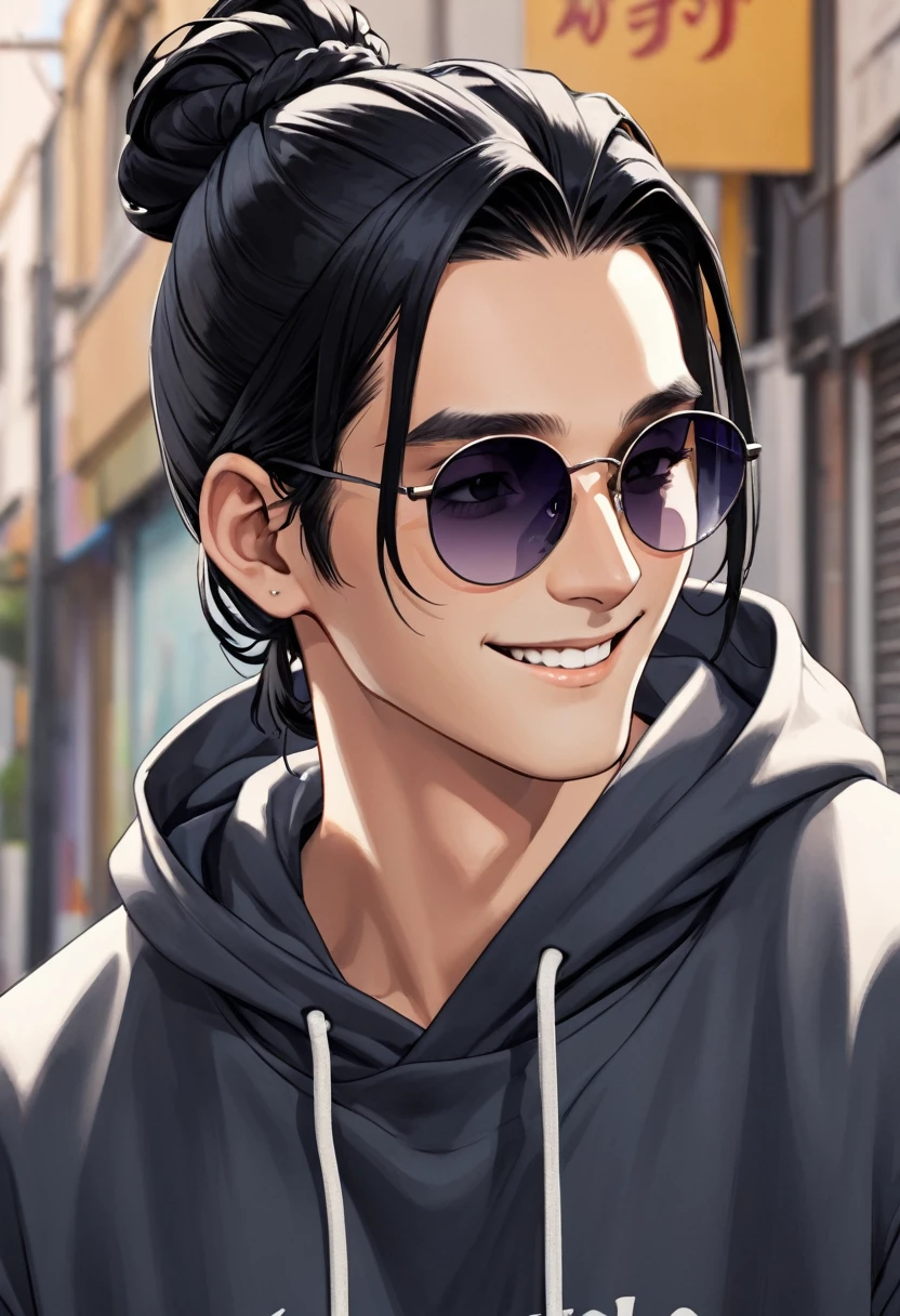1 boy, shoulder-length black hair tied in a man bun , black eyes, clear skin, place sunglasses over your eyes, hoodie, smiling