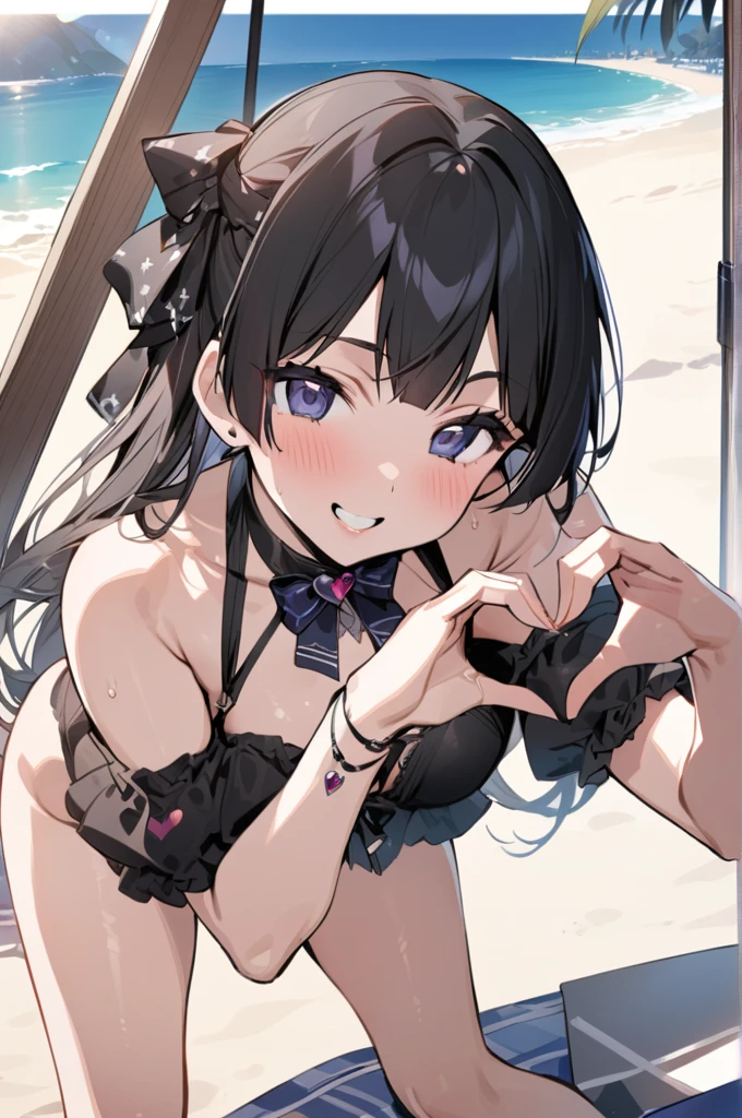 Masterpiece, best quality, nsfw ,1 girl,heart hands,beach,
Black bikini, cute pose,smile,gothic
Official style, nijisanji,tsukino mito,