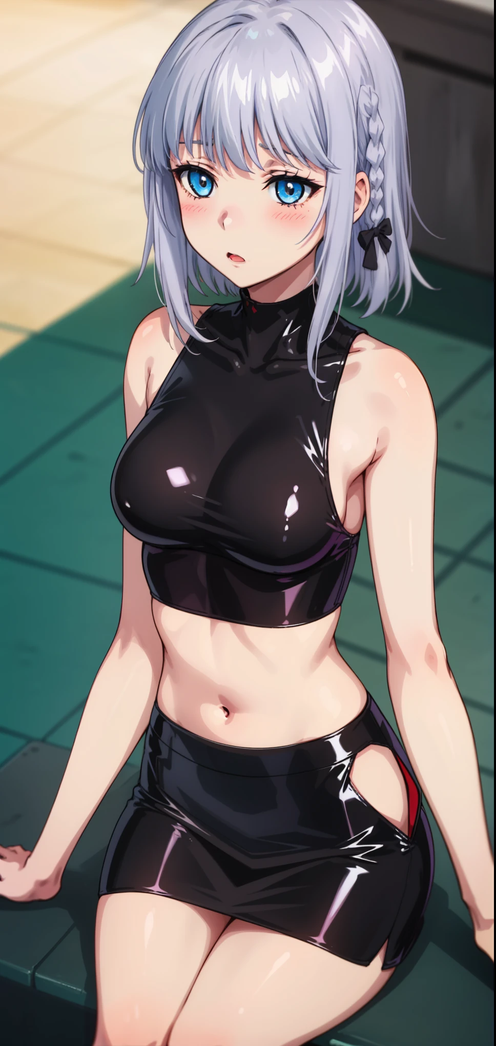 1 girl, kanon kanase, , blush, medium breasts, sleeveless,(stylish latex outfit,black latex bea, black latex skirt), sitting, 20-year-old, healthy skin.