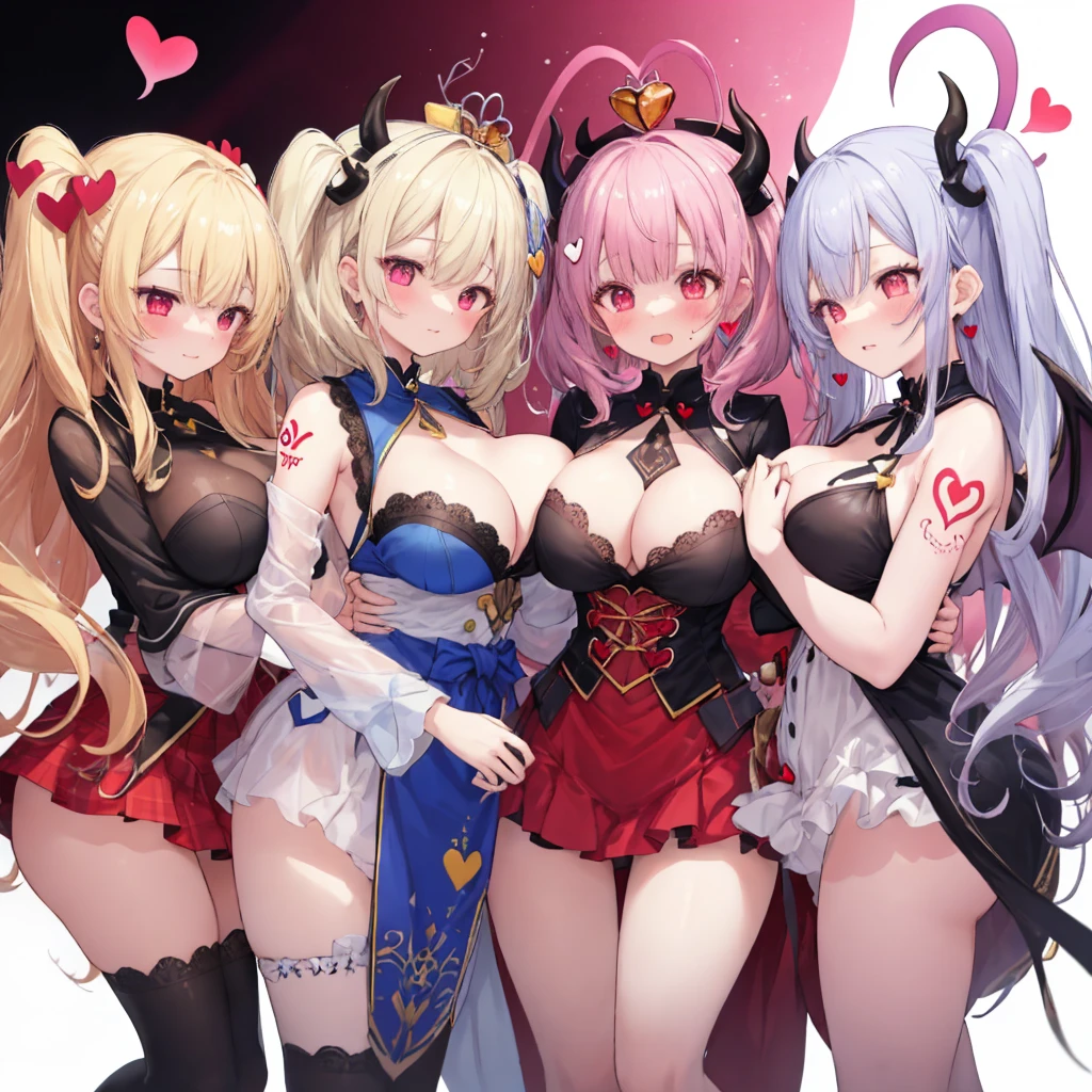 Details, ultra-detailliert, masterpiece, top-quality, Beautiful fece, A detailed eye, (3 women:1.4), Three Succubi (symmetrical succubus wings), (triplets:1.2), (ribbon:1.1), (two side up), tie, Bree, earrings, Suspicious face, (white background:1.3), alicious smile, Bruises and ugly facial features, young features, long-sleeve, fluffy sleeves, fluffy hair, (Open your mouth and laugh), Chiquita, Colossal tits, (Put your hands on your face), Ruffled uniforms, hair clips, (Ridicule:1.1), looking-down, Angle from behind, respected by women, (upward looking gaze:1.2), (hearts symbol:1.5), (lump of heart:1.5), (heart effect:1.5), (heart mark:1.5), demon tail, Devil's Taiuccubus, (super Colossal tits:1.3), (heart tattoo:1.3), Yodare, Devil's Tail, Chest Alignment, Girl Sandwich face sandwich (confused and blushing,kawaii facepose your ahegao), hug each other, catch them, そしてサンドイッチを作ってサンドイッチにhug each otherポーズ, burying boy's face in cleavage, sandwich from front and back, Sullen expression 4p, boy looking away