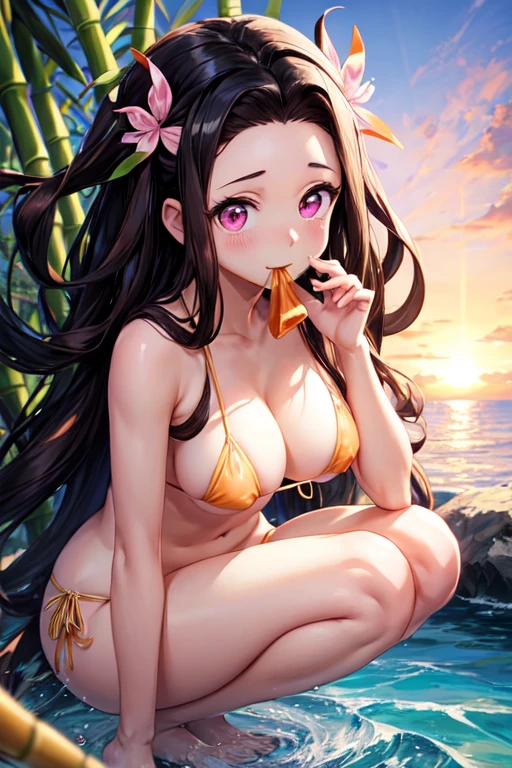 Nezuko from Kimetsu no Yaiba with pink eyes has dark brown hair with orange tips with her bamboo in her mouth like in the anime, in a waterfall squat , with pink micro bikini, her nipples are marked, shot from the front, In the background you can see the sea, the waves, blue sky, golden sunset.