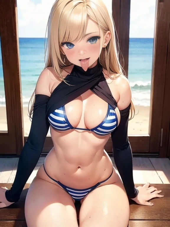 Anime girl with long blonde hair and dark blue eyes in a stripe micro bikini. She is happy and wants to have sex with you. Her ass is big.On the beach, very thin waist, sitting on the porch, wavy hair, (blushed:1.6, extended eyelashes, mascara, eyebrows, ((forehead all visible))), Toned Abs、A protruding cleavage that is not saggy 、See-through pointed nipples、necklace、Big earrings,  camel toe panties, short thin thighs, short slender body, skinny body, small hips, big smile, ((tongue out, drooling too much)), Drool drips down her cleavage、fellatio gesture:1.4, 