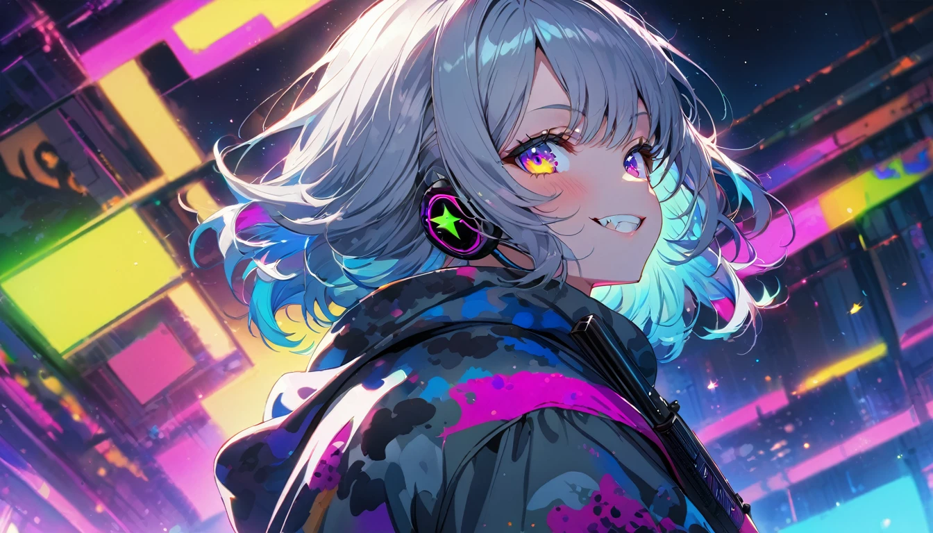 ((Masterpiece)), ((best quality)), (Anime:1.3), (super detail:1.2), (High Definition:1.3), (Professional Photography:1.3), cute young Girl, Glossy unruly hair, (loose swept bangs), (silver ash hair), medium hair, big eyes, (Eye bags:1.3), (Long eyelashes), colorful eyes, (evil smile and blush), Glossy lips, (jagged teeth), ((Camouflage hoodie with oversized)), (holding a handgun:1.3), cute, neon lit, starry night, (upper body:1.3), (colorful:1.3), gothic makeup, wearing headphones, dutch angle, (from side),