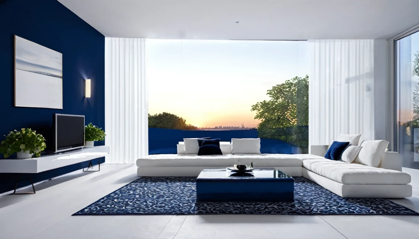 Describe a modern and luxurious living room in London, set against the backdrop of a picturesque sunset in the evening. The room features a high-tech minimalist design, with deep blue walls, white floor, and a sleek high-sensitivity sound system. A record player sits on a table, accompanied by a glass of wine and a few white cushions. The room also includes a deep blue sofa, white curtains, and a beautiful potted plant. Illuminate the space with a pendant light. Provide a detailed description of the scene, equivalent to a 16k resolution. Use vivid and beautiful language to paint a picture of this idyllic setting.