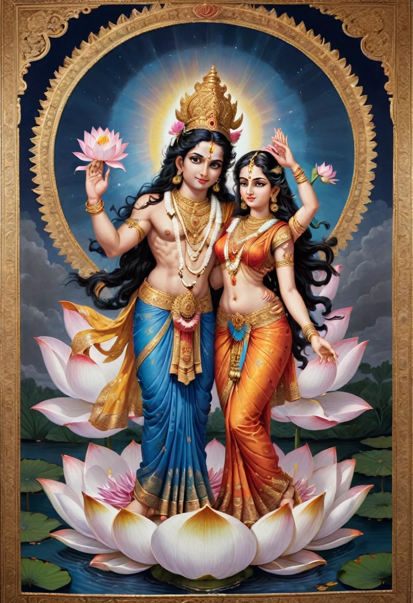 A captivating tableau of divine sibling unity, with the brother dressed as the mighty God Vishnu and the sister as the serene goddess Parvati. The brother's vibrant attire is adorned with ornate gold and blue fabrics, reflecting the cosmic elegance of the supreme deity. His four strong arms are gracefully outstretched, each hand holding a symbol of divine power: the chakra, a spinning disk of energy representing protection and the maintenance of order; the shankh, a conch shell that signifies the primordial sound of creation and the call to spiritual awakening; the gada, a mace symbolizing strength and the ability to vanquish ignorance; and a delicate flower, a testament to the gentle, nurturing aspect of Vishnu. His piercing gaze and stoic posture exude a sense of steadfastness and eternal vigilance. In contrast, the sister, as Goddess Parvati, is a vision of grace and beauty, dressed in a red and gold sari that shimmers like the sunset. Her two hands are poised in a delicate balance: one holds a bouquet of lotus flowers, the epitome of purity and spiritual growth, while the other forms the var mudra, a gesture of bestowing boons and protection. Together, they are seated on an enormous, fully bloomed lotus that emerges from the calm waters of a celestial pond, the petals unfurling around them like a sacred throne. The background is a tapestry of heavenly hues, with soft clouds and beams of light accentuating the divine aura. The intricate details of their jewelry, the serene expressions on their faces, and the harmonious interplay of their gestures convey a powerful narrative of protection, wisdom, and the eternal dance of creation and preservation. This visual spectacle is a celebration of the rich tapestry of Hindu mythology, inviting viewers to revel in the divine beauty and might of these revered deities.