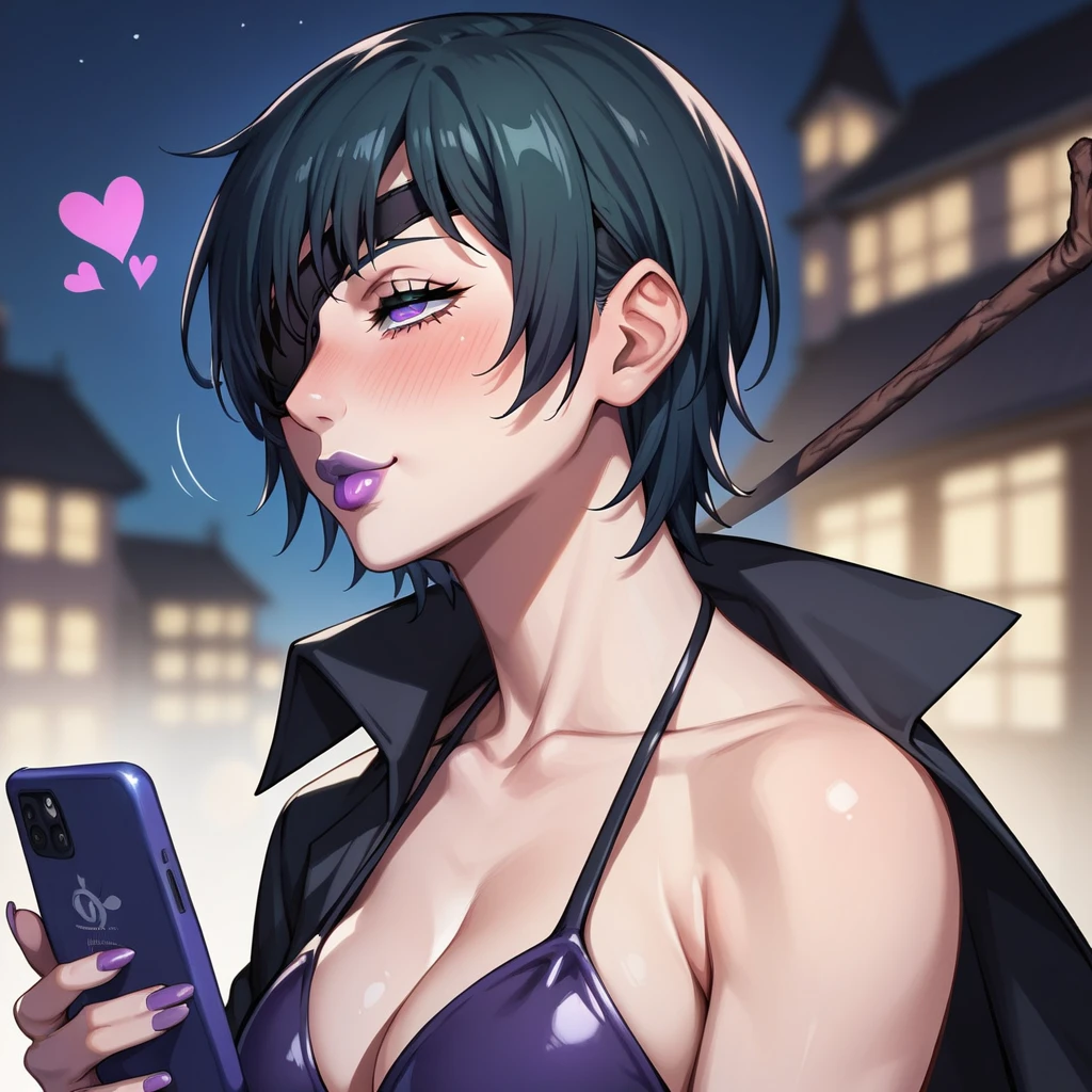 mature female, mature, Adult, himeno, himeno(Chainsaw Man), 1girl, black hair, short hair, eyepatch, solo, hypnosis, brainwashed, blush, phone, heart, eye symbol, rating_questionable, naughty face, rolling_eyes, cross-eyes, kissing air, pout, stick mouth, sharp mouth, purple lips, shaking head, Villains, chest, looking side, from side, Night town, City, skyscraper, Night, Dark, latex purple bikini under the black cape, masterpiece, Top animation quality,Top image quality,