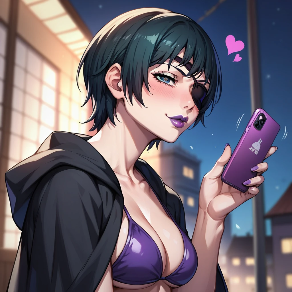  mature female, mature, Adult, himeno, himeno(Chainsaw Man), 1girl, black hair, short hair, eyepatch, solo, hypnosis, brainwashed, blush, phone, heart, eye symbol, rating_questionable, naughty face, rolling_eyes, cross-eyes, kissing air, pout, stick mouth, sharp mouth, purple lips, shaking head, Villains, chest, looking side, from side, Night town, City, skyscraper, Night, Dark, latex purple bikini under the black cape, masterpiece, Top animation quality，Top image quality,