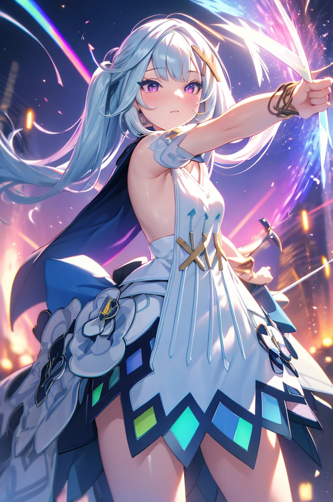 (masterpiece, best quality, chromatic aberration), colorful, 1girl, white hair, purple eyes, bow and arrow, wielding bow, archery, blue flames, glow, glowing weapon, light particles,