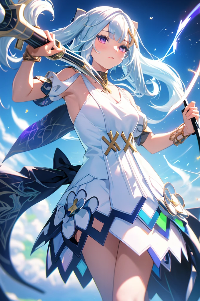 (masterpiece, best quality, chromatic aberration), colorful, 1girl, white hair, purple eyes, bow and arrow, wielding bow, archery, blue flames, glow, glowing weapon, light particles,