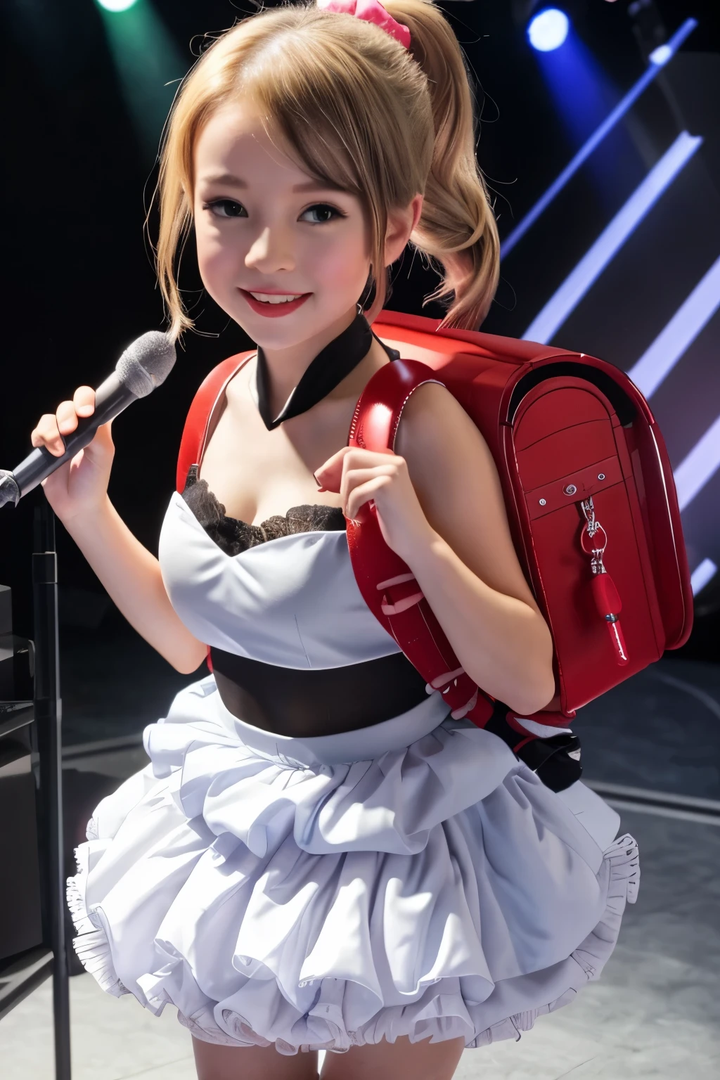 masterpiece, best quality, highly detailed, ultra high res, realistic,1girl, solo, hair ornament, blonde hair, ponytail, glossy lips, full lips, sleeveless idol dress, very puffy skirt, flared skirt, thigh highs, heeled boots, full body, cleavage, wearing red backpack, (backpack:1.2), indoor, stage, smile