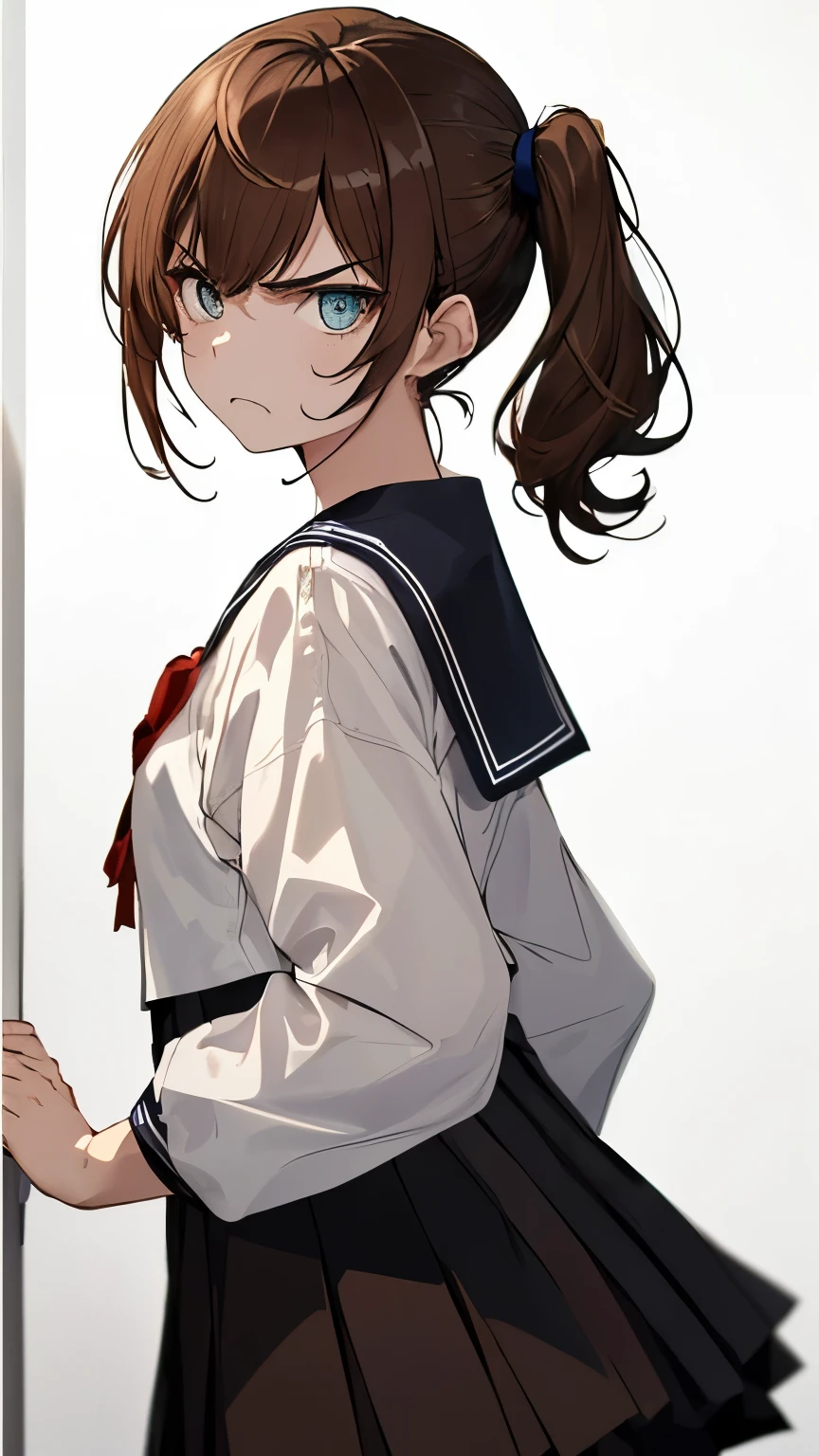 (((Frame In)))、(((Pure white wall background)))、(((Cowboy Shot)))、(((White wall background)))、(((Best image quality、8K、Beautiful woman、Beautiful eyes、White wall background)))、(((Brown Hair)))、(((Side Ponytail)))、(((I'm a little angry)))、(((Sailor suit)))、(((Black pleated skirt)))、(((Pure white background)))、Facing forward