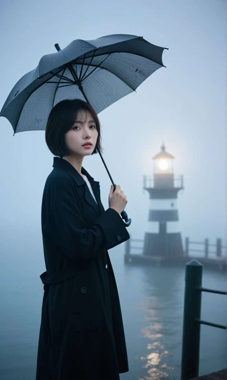 beautiful korean girl, short medium hair, black rain cord, 멀리 Fog속 lighthouse, cool,rain,blur,Fog,middle,cool,boring,,pier,only,lighthouse,Coast, The dim light shines in the Fog,and the figure stands in the Fog holding an umbrella