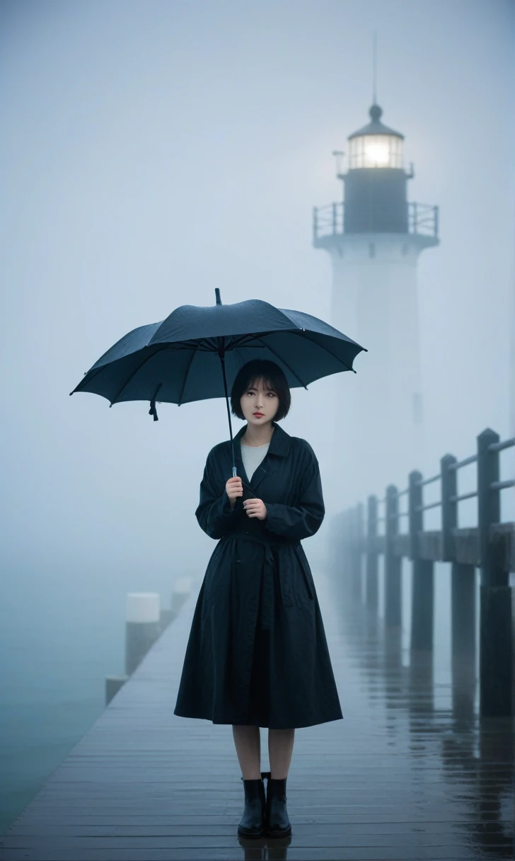 beautiful korean girl, short medium hair,  black rain cord, 멀리 Fog속 lighthouse, cool,rain,blur,Fog,middle,cool,boring,,pier,only,lighthouse,Coast, The dim light shines in the Fog,and the figure stands in the Fog holding an umbrella