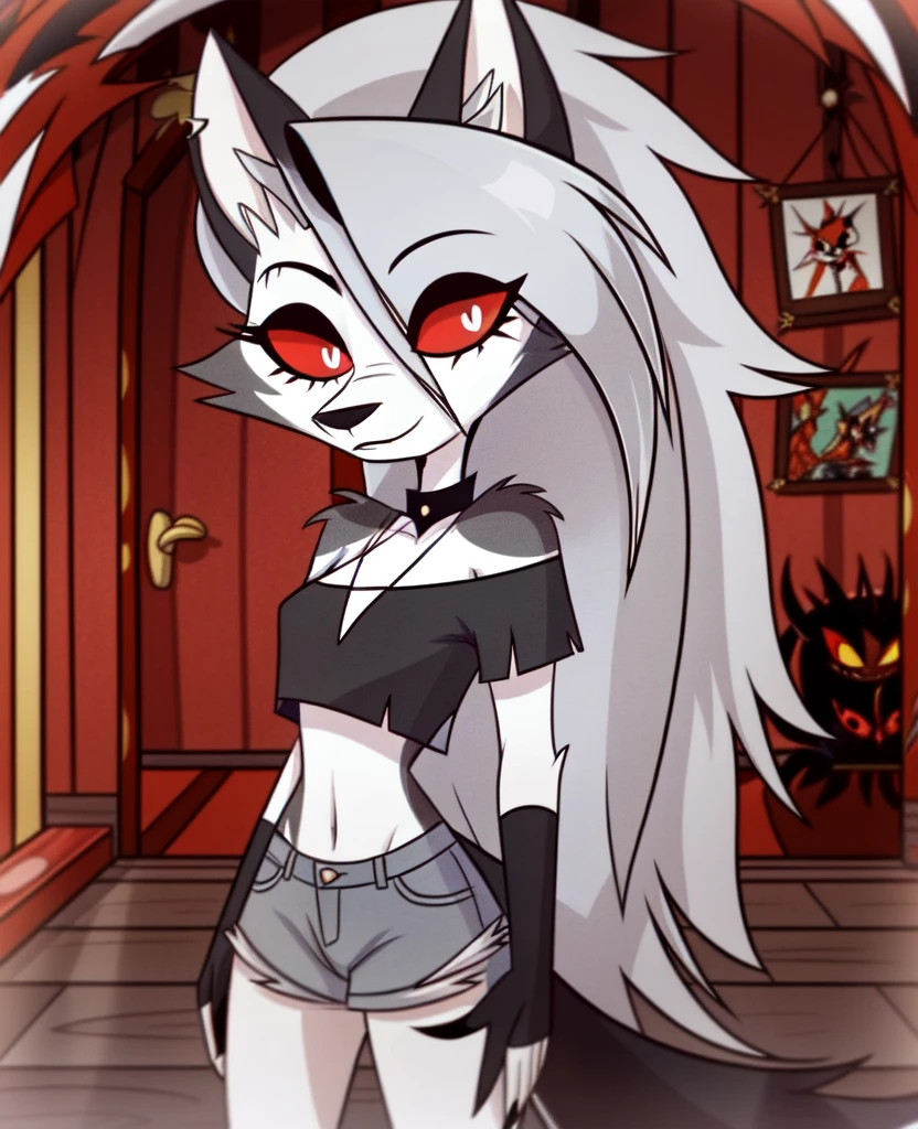 (Vivziepop style), anthro, canid, canid demon, demon, female, hellhound, helluva boss, instagram, (loona), mammal, midriff, official art, red sclera, safe content, shoulderless shirt, solo, long grey hair, (by vivzmind)