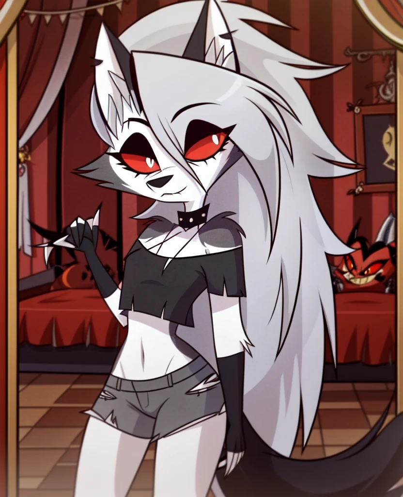 (Vivziepop style), anthro, canid, canid demon, demon, female, hellhound, helluva boss, instagram, (loona), mammal, midriff, official art, red sclera, safe content, shoulderless shirt, solo, long grey hair, (by vivzmind)