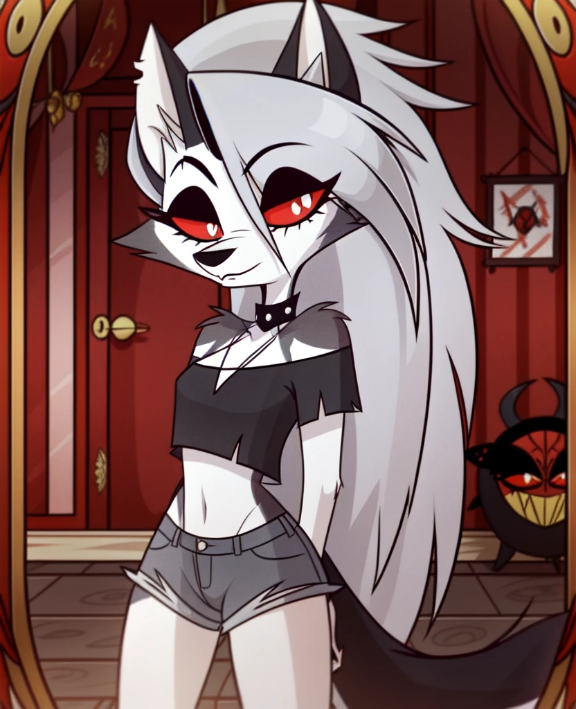 (Vivziepop style), anthro, canid, canid demon, demon, female, hellhound, helluva boss, instagram, (loona), mammal, midriff, official art, red sclera, safe content, shoulderless shirt, solo, long grey hair, (by vivzmind)