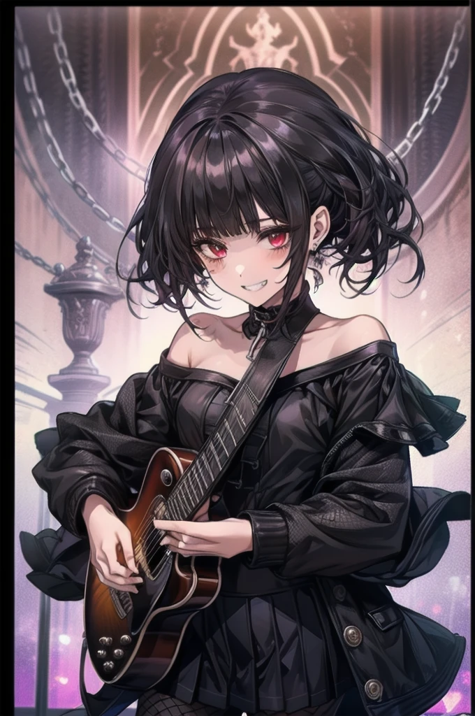 ((masterpiece、Highest quality、Very detailed))、One Girl、Black Hair、short hair、Twin tails、Blunt bangs、Red eyes、Wicked Smile、((Grin))、Small breasts、((Black ruffled clothes))、Off the shoulder、Strapless、((Black leather jacket))、((Checked skirt))、Edge skirt、Multiple Chains、Fishnet tights、Cowboy Shot、I have an electric guitar、DJ Club Background