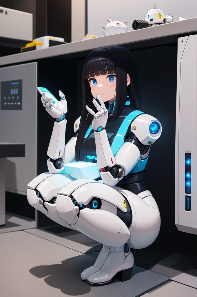 masterpiece, best quality, extremely detailed, Japanese android girl,Plump,control panels,Squat,Mechanical Hand,Robot arms and legs, black sponge joints,blunt bangs,white robot body,ceramic body,white long boots,perfect cyborg girl,charging spot,She is charging now,blue eyes