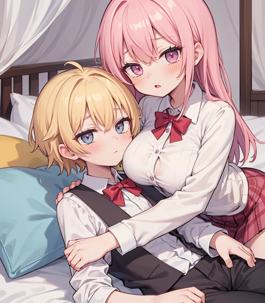 masterpiece, Highest quality, so beautiful, absurdists,High resolution,One girl, One boy,Cuddling in bed, like,sexly,Look at each one, blush,Age difference,bow tie,blondes,chest,Long Hair,Pink Hair,Tucked in shirt,short hair,skirt,Tent shirt,Slut,Big breasted sister and brother,Siblings, trousers,Pushing her big tits against her brother,(My brother's erect penis),((((姉のvery huge breasts,Sister crushes her big tits in her brother's face)))),(((((Very huge breasts))))),(((((penis,NSFW,Soft Very HUGE breasts))))),((Bursting Breasts,Huge breasts hiding her brother's face)),((((((((Huge Breasts, Large Breasts, Very Large Breasts, Very Large Breasts, Very Large Breasts, Very Large Breasts, Very Large Breasts, Very Large Breasts, Very Large Breasts, Very Large Breasts, Very Large Breasts, Very Large Breasts, Burying Face in Breasts)))))))),Two people gazing at each other,puffy breasts,((Face crushed by tits, huge breasts on brother's body, mouth covered by tits, breasts covering face)),((huge breasts)),soft massive breasts,crotch grab
