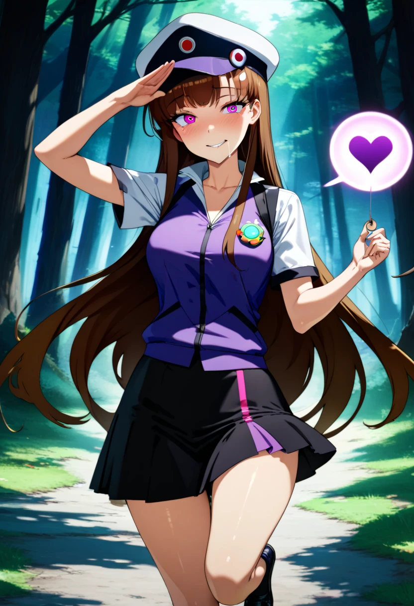 (masterpiece),(Highest quality),(Super detailed),(Best illustrations),(Best Shadow),(Absurd),(Detailed Background),(so beautiful),(in forest),(White Pokémon trainer outfit with skirt and cap), 16K, 8K,(Best illustrations),(so beautiful),(swinging pendulum, coin on string), (pendulum radiates purple energy waves) (full attention on pendulum) (one hand salute stance), One person, alone, very long hair, brunette, Perfect figure, orgasm, afterglow, erotic smile, pokeball badge hair fastening, Sexy posture, pose towards camera, water eyes, saliva trail, , shiny skin, Taking illegal drugs, Clear liquid, morning, , Hypnosis assignment, mysterious, , spoken hearts, torogao, BREAK,