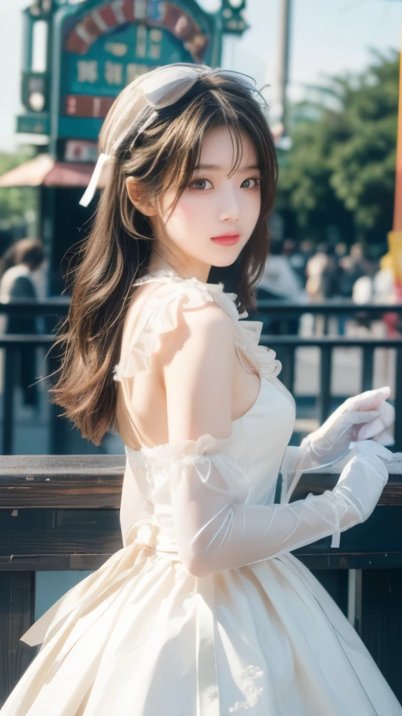 masterpiece, best quality, Beautiful Lights,(Practical, photo-Practical:1.2),(Depth of Field:1.3), 
1 Girl, Solitary,Mix 4, (Practical:1.1), (photoPractical:1.1), (masterpiece:1.1), (best quality:1.1), Extremely detailed,
Lolita_skirt, Natural Lighting,(Pure face_v1:0.8), (Amusement park in the background:1.1),cap,(Off-white long gloves),( Wearing a ribbon on head),Lolita服装，Look head-on at the audience