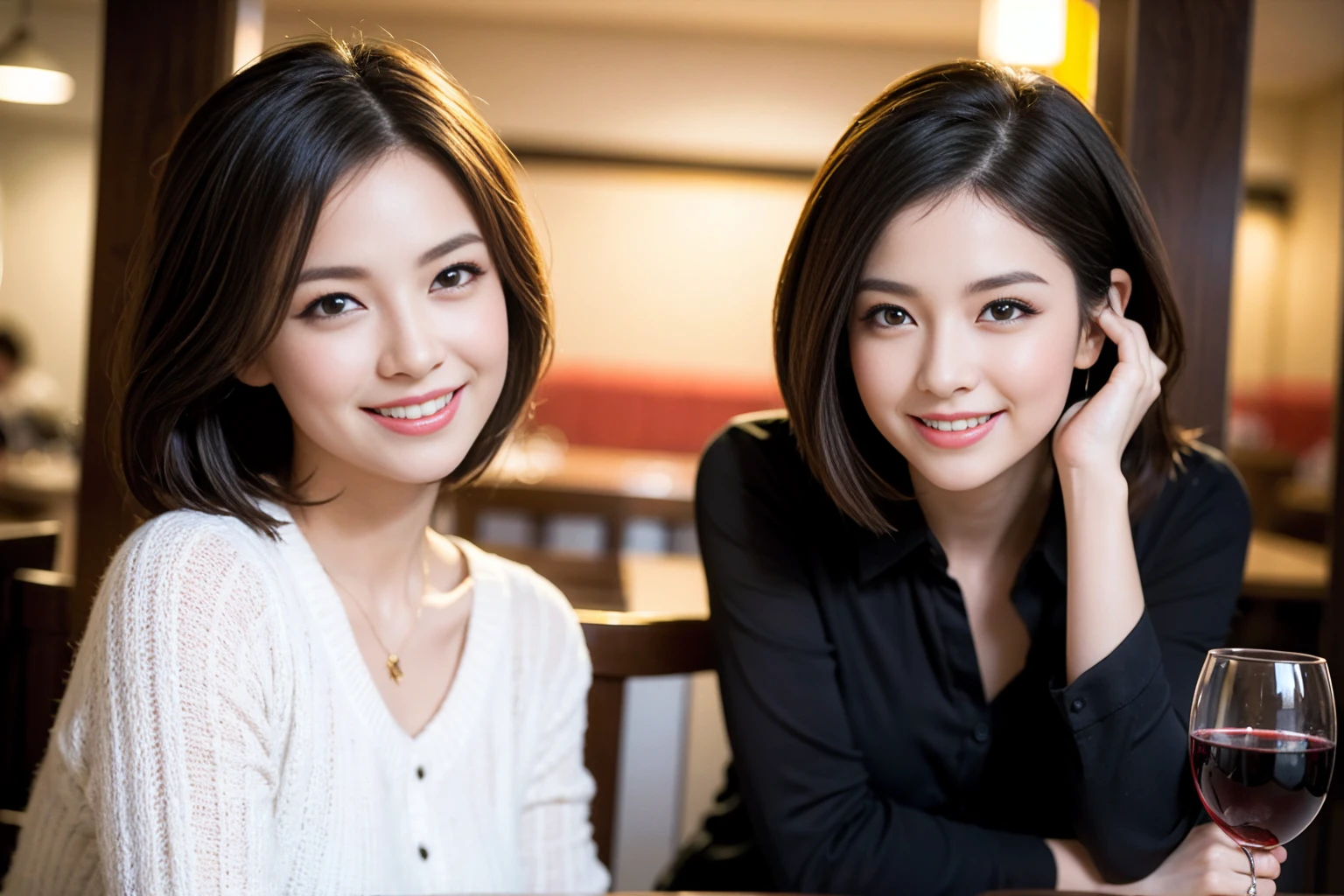 ((Highest quality、8K、masterpiece:1.3))、cute、slimカップル、modelカップル、actress男優、(Realistic, Intricate details:1.2), full-course dinner、Wine Party、Amazing view of the sunset sky and clouds、A bright smile、short hair,Bright Face、 (Age 45), 42 years old, red wine 、Appetizers、Italian food、Wine bottle、Champagne、sparkling wine、Two beauties、Brown Hair、Shortcuts、Long sleeve shirt、dress、Beautiful woman 1, (slimな顔), (The body is slim), (Brown Hair), (Shortcuts), cheeks turn a little red,Attractive beauty、restaurant, In a prominent place (From the waist up) Nova Frog Style, actress, model, Upper Body, White wine, slim, wine glass, 中央に置かれたwine glass, smile, (smile: 1.15), Beautiful fine grain, Depth f/2,saturation, High Contrast, Strong light and shadow,Moist Body:1.5、3D texture、Delicate eyes、Brown Hair、The hair is very shiny、