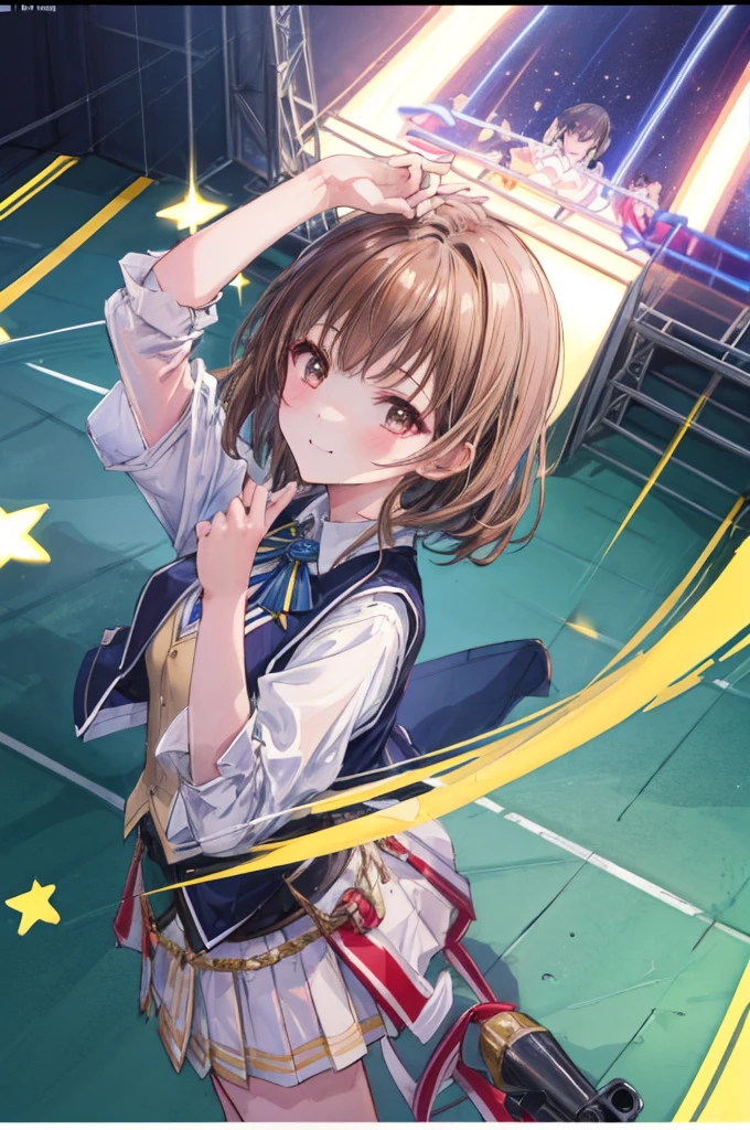 ((top quality vest, 8K, masterpiece, RAW Photos: 1.3)), (Great artist style, Alphonse Mucha, Gustav Klimt: 0.72), Sharp focus, (One girl: 1.1), Face Focus, Cute face, Portraiture, (K-Pop Idols, Dancing on stage, microphone: 1.1), Jacket, From above, (Brunette Short Hair, amount: 0.9), A small smile,