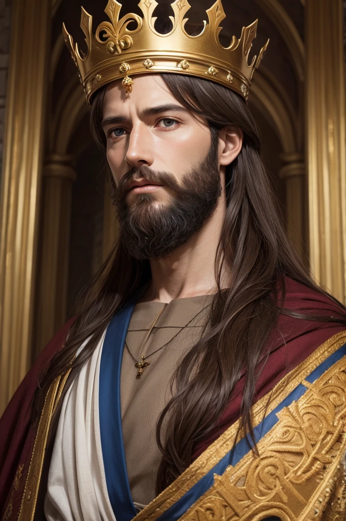 arafed image of a man with long hair and a cross on his chest,big beard,33 years old,blue eyes,crown of thorns on head,portrait of jesus christ, jesus of nazareth, face of jesus, jesus christ in mass effect, jesus christ, cyberpunk jesus christ, dressed as jesus christ, jesus, jesus gigachad, portrait of holy father,  Fan Art, portrait of religious masterpiece, Jesus wasted at a party