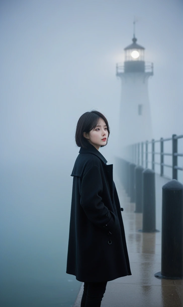 beautiful korean girl, short medium hair, Black coat, 멀리 Fog속 lighthouse, cool,rain,blur,Fog,middle,cool,boring,,pier,only,lighthouse,Coast, The dim light shines in the Fog,and the figure stands in the Fog holding an umbrell