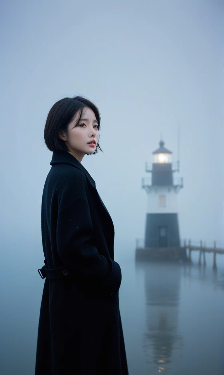 beautiful korean girl, short medium hair, Black coat, 멀리 Fog속 lighthouse, cool,rain,blur,Fog,middle,cool,boring,,pier,only,lighthouse,Coast, The dim light shines in the Fog,and the figure stands in the Fog holding an umbrell