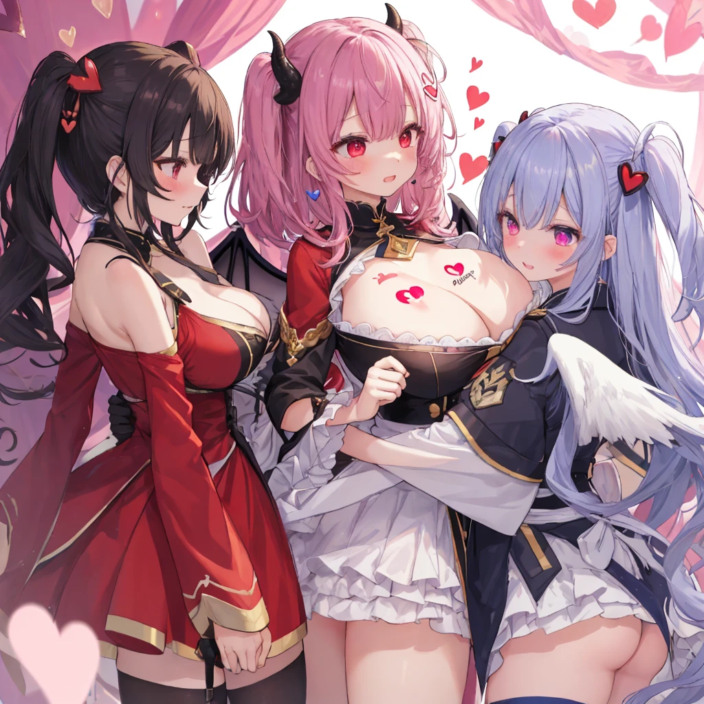 Details, ultra-detailliert, masterpiece, top-quality, Beautiful fece, A detailed eye, (3 women:1.4), Three Succubi (symmetrical succubus wings), (triplets:1.2), (ribbon:1.1), (two side up), tie, Bree, earrings, Suspicious face, (white background:1.3), alicious smile, Bruises and ugly facial features, young features, long-sleeve, fluffy sleeves, fluffy hair, (Open your mouth and laugh), Chiquita, Colossal tits, (Put your hands on your face), Ruffled uniforms, hair clips, (Ridicule:1.1), looking-down, Angle from behind, respected by women, (upward looking gaze:1.2), (hearts symbol:1.5), (lump of heart:1.5), (heart effect:1.5), (heart mark:1.5), demon tail, Devil's Taiuccubus, (super Colossal tits:1.3), (heart tattoo:1.3), Yodare, Devil's Tail, Chest Alignment, Girl Sandwich face sandwich (confused and blushing,kawaii facepose your ahegao), hug each other, catch them, そしてサンドイッチを作ってサンドイッチにhug each otherポーズ, (burying boy's face in cleavage,:1.1) (sandwich from front and back:1.2), Sullen expression 4p, boy looking away