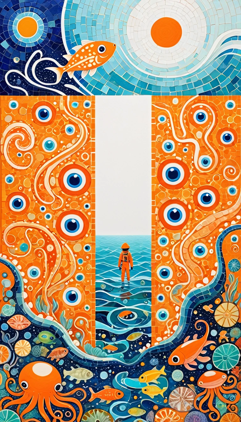 Ocean、house、Sliced Papaya、woodpeckesh、Tentacles、tadpole、Eye、diatom,Abstract mosaic painting,Sense of space,White Space,interesting,Innocence,Psychedelic Art,Orange overall