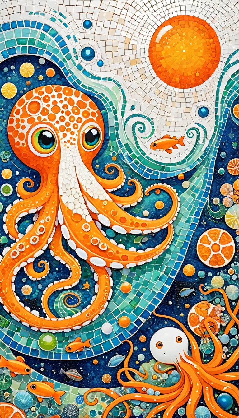 Ocean、house、Sliced Papaya、woodpeckesh、Tentacles、tadpole、Eye、diatom,Abstract mosaic painting,Sense of space,White Space,interesting,Innocence,Psychedelic Art,Orange overall
