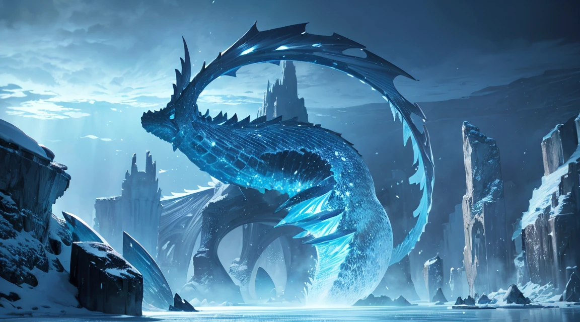 In the underwater world,Sink the forgotten ancient capital,The surface of the water is illuminated by endless snow and ice,Lots of detail,Bubble,Sea Dragon,water flowing,The sea shines,Sparkling,Very detailed,Perfect stills,Shocking,Majestic,Magnificent,high-definition photograph,8K