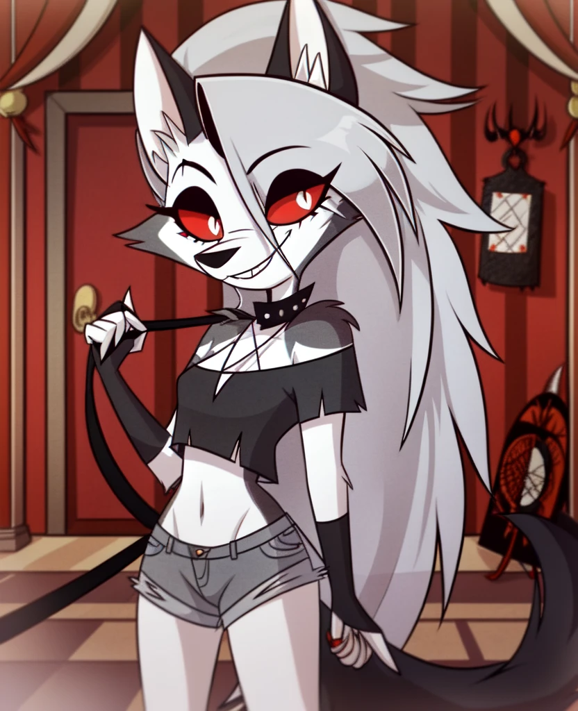 (Vivziepop style), anthro, canid, canid demon, demon, female, hellhound, helluva boss, instagram, (loona), mammal, midriff, official art, red sclera, safe content, shoulderless shirt, solo, long grey hair, with leash in hand, smiling (by vivzmind)