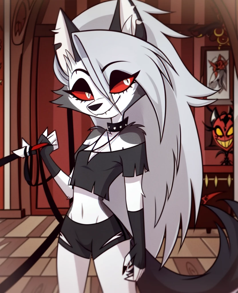 (Vivziepop style), anthro, canid, canid demon, demon, female, hellhound, helluva boss, instagram, (loona), mammal, midriff, official art, red sclera, safe content, shoulderless shirt, solo, long grey hair, with leash in hand, smiling (by vivzmind)